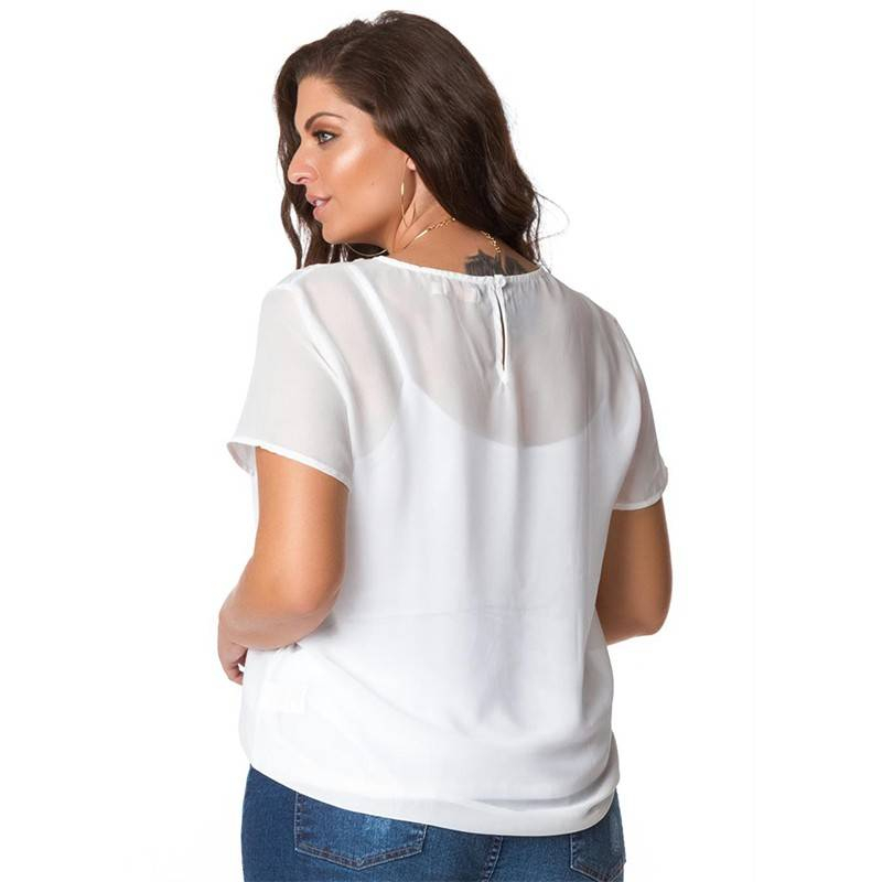 Blusa Plus Size Branca Bordada Chiffon | Vitrine Outlet