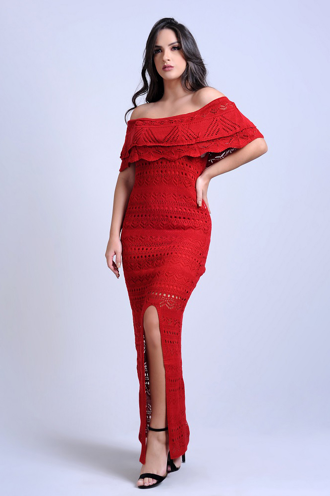 Vestido Longo Tricot Glam Fenda Ciganinha Vermelho | Vitrine Outlet