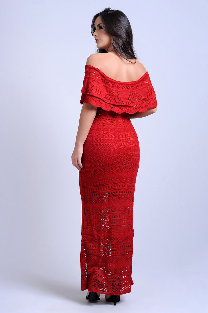 Vestido Longo Tricot Glam Fenda Ciganinha Vermelho | Vitrine Outlet