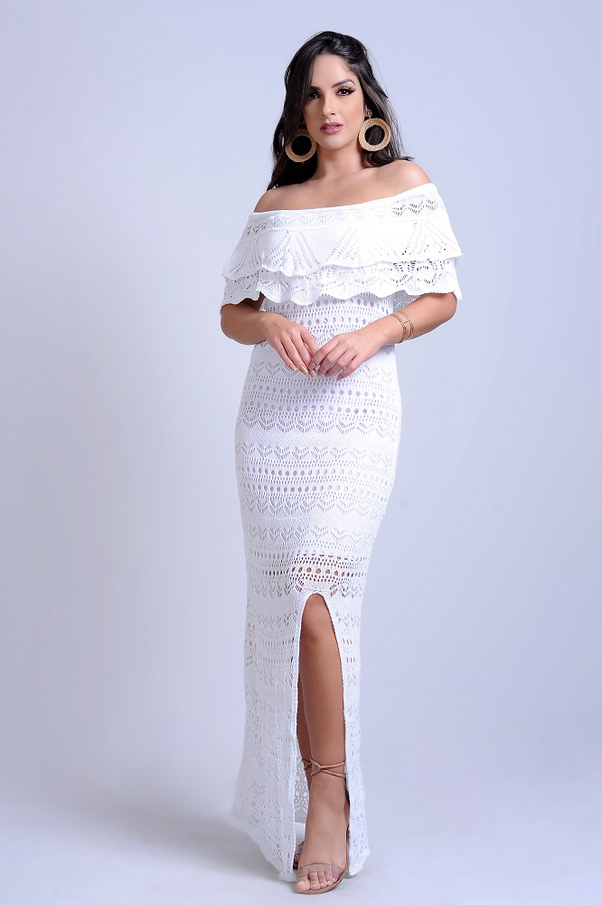 Vestido Longo Tricot Glam Fenda Branco | Vitrine Outlet
