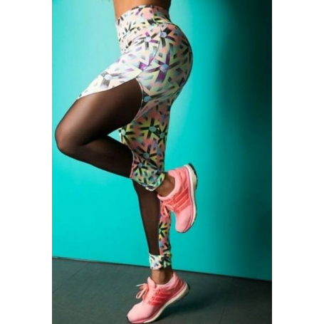 Calça Legging Fitness Supplex Estampa Multicolor Detalhe Tule
