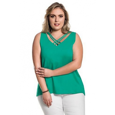 Blusa Plus Size Básica Tricoline Tiras Verde